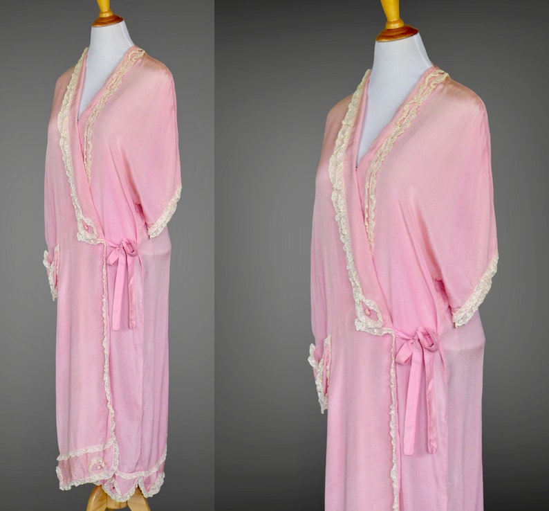 Vintage 1920s Pink Silk Lace Robe, 20s Dressing Gown, Boudoir Lingerie Loungewear, Yolande London Paris New York image 2