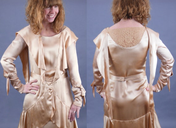 Vintage Late 1920s 30s Dress, Rose Gold Satin Lac… - image 7