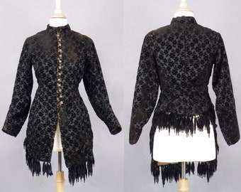 1880s Victorian Black Cut Velvet Mantle Jacket with Silk Chenille Fringe, Gothic 19th Century Antique Steampunk Jacket, Small