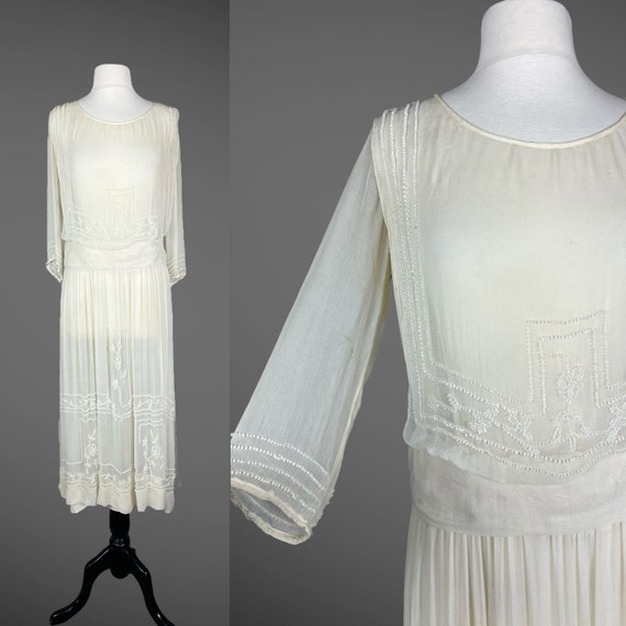 Vintage 1920s Beaded Ivory Chiffon Dress, 20s Sheer Dress, Jazz Age S - S/M