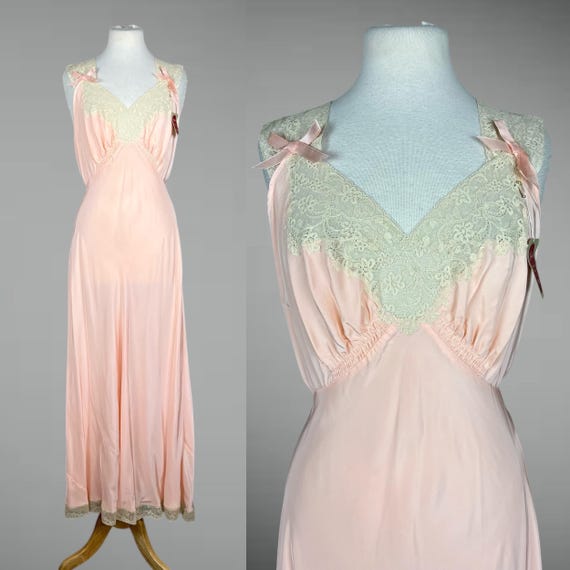 Vintage 1940s Pink Rayon Satin Nightgown with Lace Bodice & Bows – NOS Luxite Holeproof Bias-Cut Slip, M - L