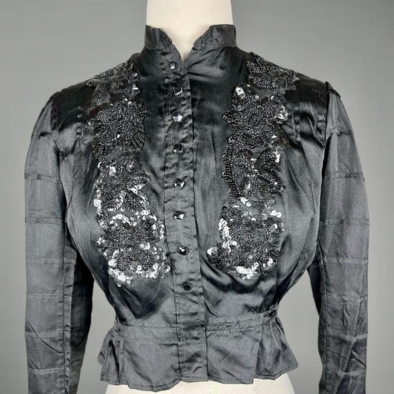 1900s Edwardian Beaded Sequined Black Silk Blouse, Antique Gothic Blouse, XS - S