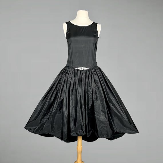 Antique 1920s Black Silk Taffeta Flapper Dress | Vintage Art Deco Gatsby Evening Party Dress with Rhinestone Detail | XS