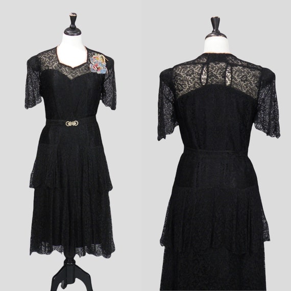 1930s Dress, Vintage 30s Lace Tiered Peplum Dress… - image 1