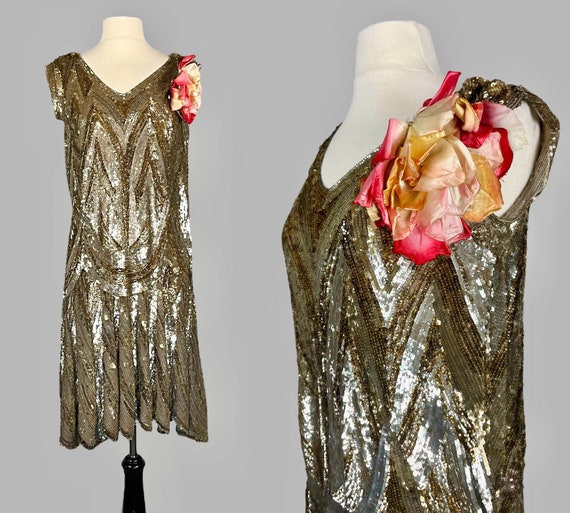 Rare Vintage 1920s Sequin Flapper Dress, 20s Jazz Age Dress, Gold Silver Sequin Art Deco Party Dress, Small