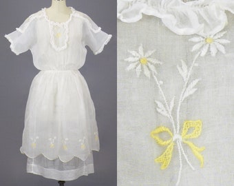 Antique Late 1910s 1920s Dress, 2pc White Embroidered Organdy Summer Dress, 25" Waist