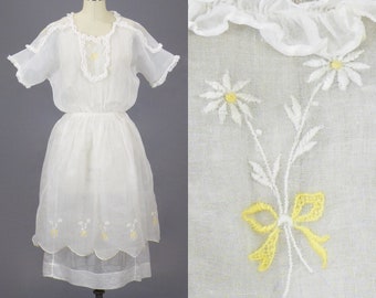 Vestido antiguo de finales de la década de 1910 de la década de 1920, vestido de verano de organdí bordado blanco de 2 piezas, cintura de 25"