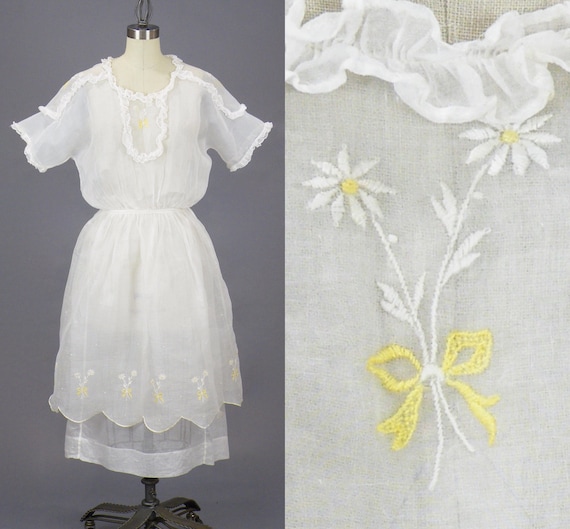 Antique Late 1910s 1920s Dress, 2pc White Embroidered Organdy Summer Dress, 25" Waist