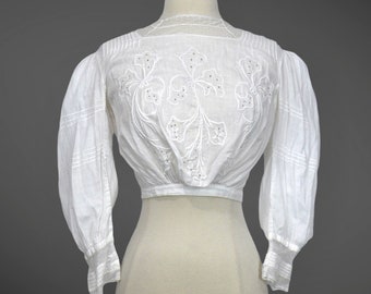 Edwardian Gibson Girl Blouse, 1900s Embroidered White Cotton Lace Antique Blouse, XXS 21.5 - 22 Waist