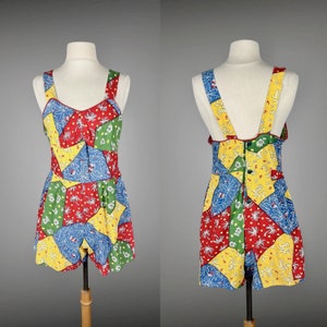 Vintage 1930s 1940s Cotton Romper, Patchwork Novelty Print Cotton 30s Summer Playsuit, Small