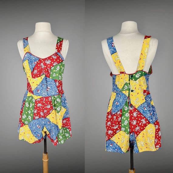 Vintage 1930s 1940s Cotton Romper, Patchwork Novelty Print Cotton 30s Summer Playsuit, Small