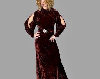 1930s Silk Velvet Dress, Vintage 30s Copper Brown Bias Cut Gown with Cold Shoulders, NRA National Recovery Act, XS - Small