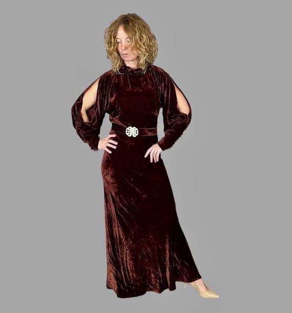 1930s Silk Velvet Dress, Vintage 30s Copper Brown Bias Cut Gown with Cold Shoulders, NRA National Recovery Act, XS - Small