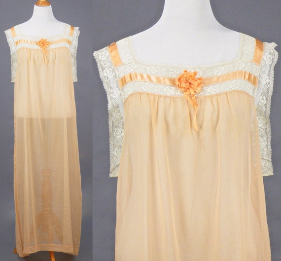 1910s 1920s Nightgown, XL Antique Peach Cotton Fil