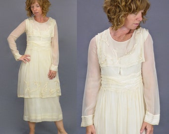 Edwardian 1910s Dress, Antique Embroidered Tiered Chiffon Dress with Sailor Collar, XS