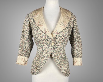 Antique 1910s Floral Print Silk Edwardian Cutaway Jacket, Hand Embroidered Collar & Cuffs, Pintuck Seams