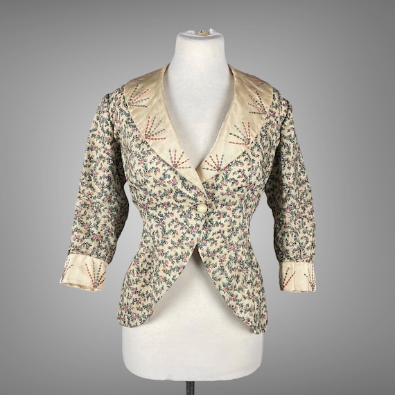 Antique 1910s Floral Print Silk Edwardian Cutaway Jacket, Hand Embroidered Collar & Cuffs, Pintuck Seams