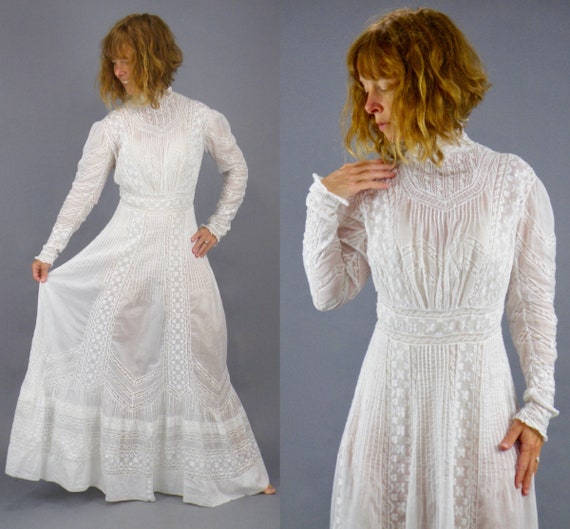 Edwardian White Cotton Lace Dress, Antique 1900s D