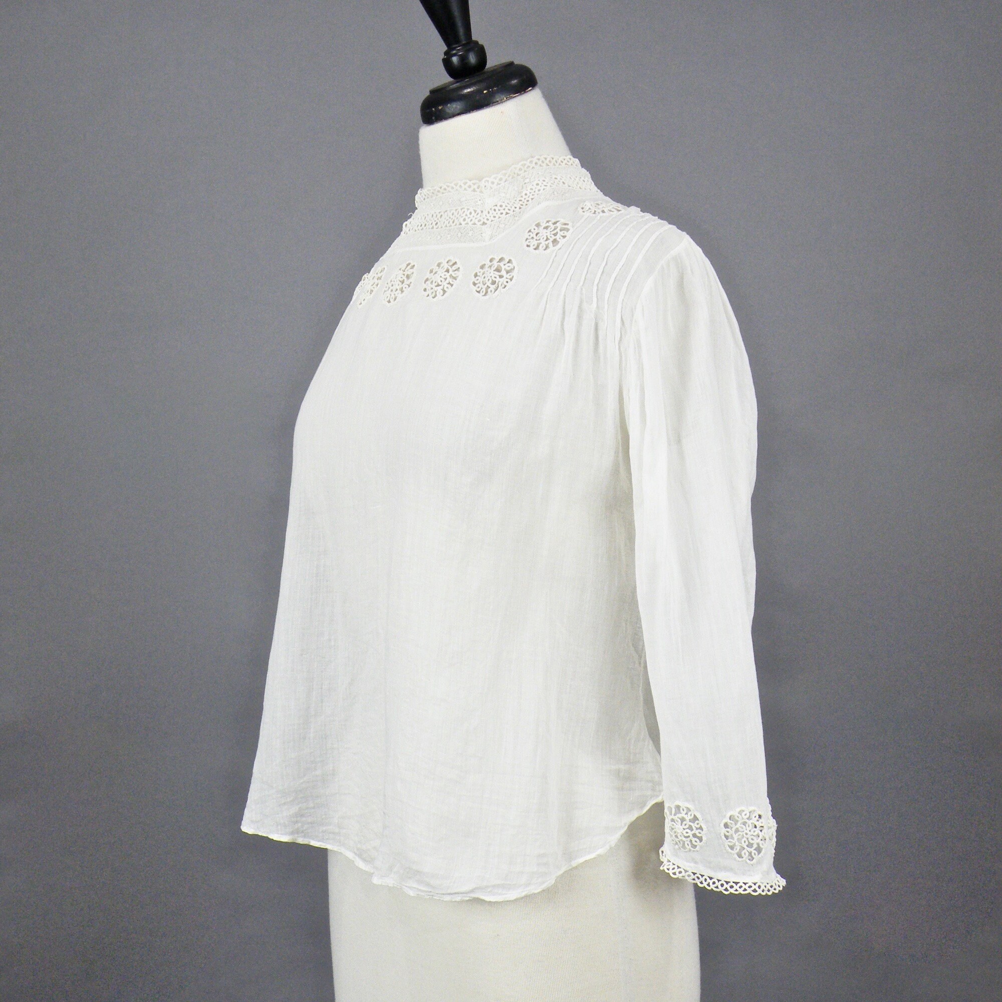 Antique 1910s White Cotton Tatted Lace Edwardian Blouse, Medium