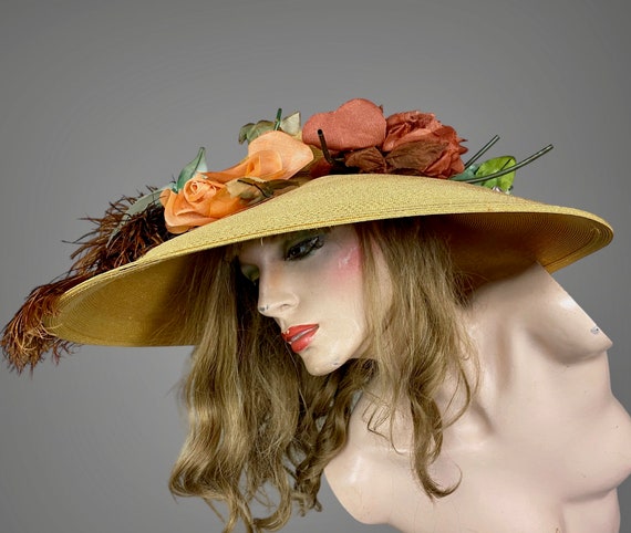 Vintage 1930s Wide Brim Straw Cartwheel Hat with … - image 6