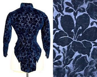 Victorian Blue Cut Velvet Long Tailed Bodice Jacket, Antique 1880s Bustle Bodice, Hollister Chicago, XS Museum Quality