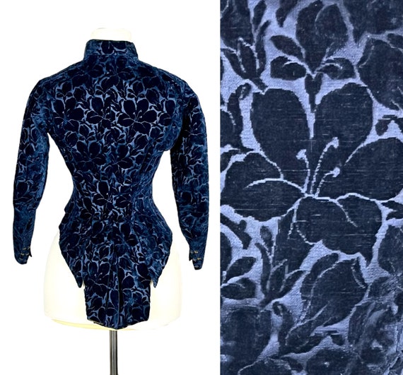 Victorian Blue Cut Velvet Long Tailed Bodice Jacket, Antique 1880s Bustle Bodice, Hollister Chicago, XS Museum Quality