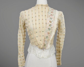 1900s Pastel Embroidered Net Lace Edwardian Blouse, Antique Silk Net Blouse, Small 27 Waist