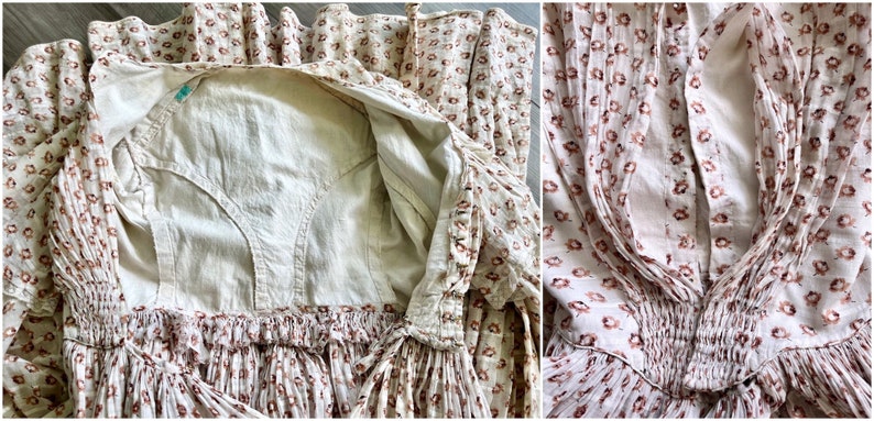 May include: A vintage white cotton dress with a floral print in shades of brown. The dress has a gathered neckline and a fitted bodice. The dress is unlined and has a simple, classic design.