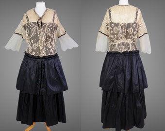 Late 1910s Early 1920s Dress, Antique Lace & Tiered Silk Drop Waist Dress, Fox Label, M/L - Large