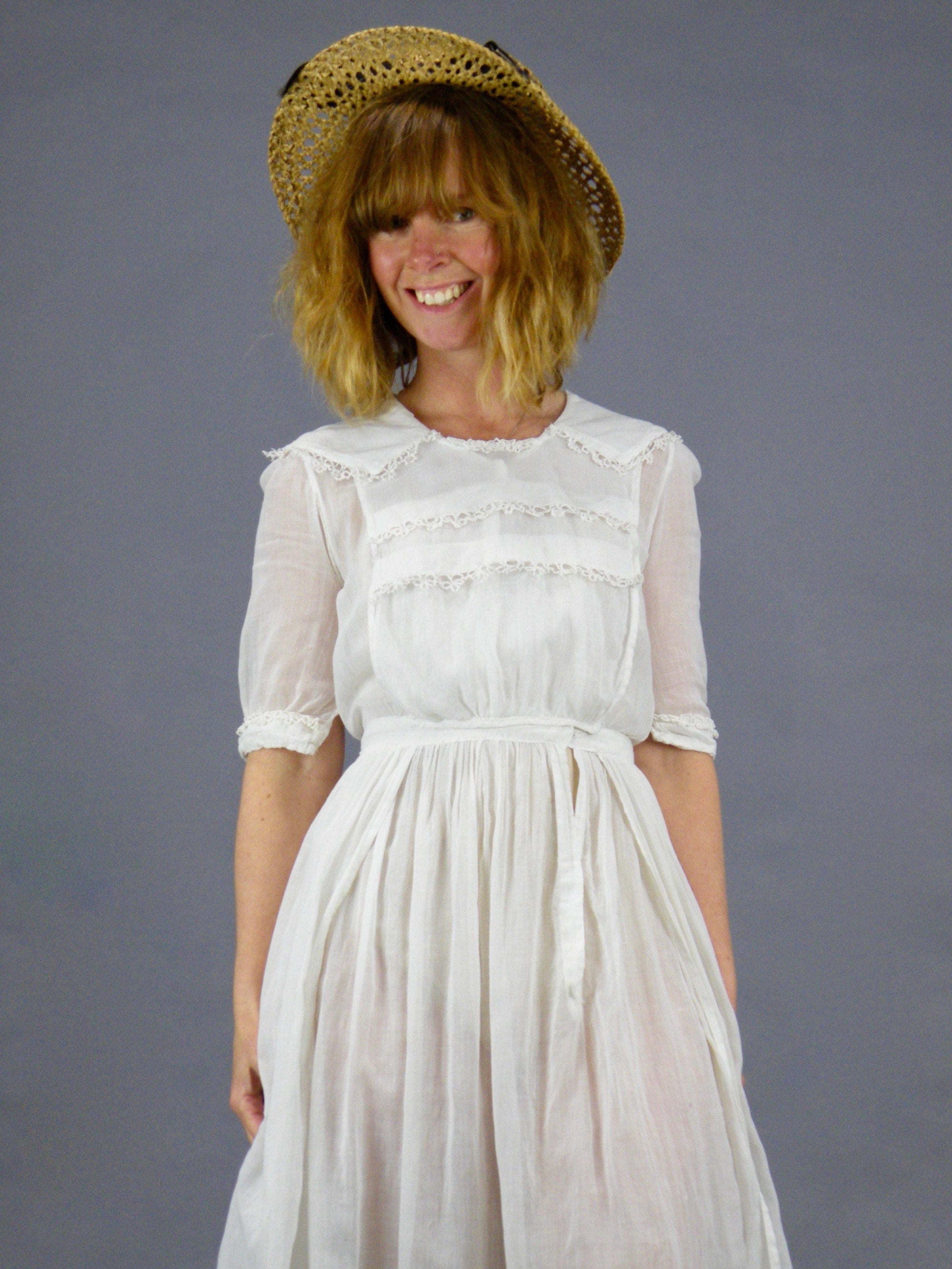 Antique 1910s Edwardian White Cotton Tatted Lace Day Dress