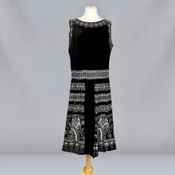 Antique 1920s Black Velvet Dress with Silver Beadwork & Geometric Motifs, M-L Antique 1920s Black Velvet Dress with Silver Beadwork & Geometric Motifs, M-L