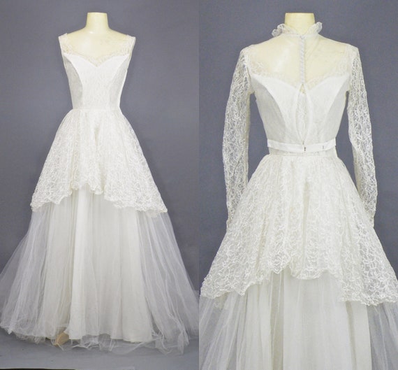 Vintage 1950s Emma Domb Wedding Dress, 50s Wedding Gown, White Lace and Tulle Sweetheart Wedding Gown with Bolero Jacket and Train