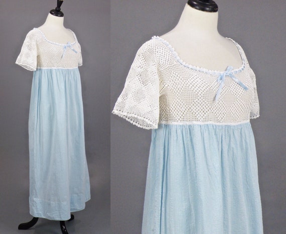 Edwardian Nightgown, Antique 1910s Blue Cotton Cr… - image 5