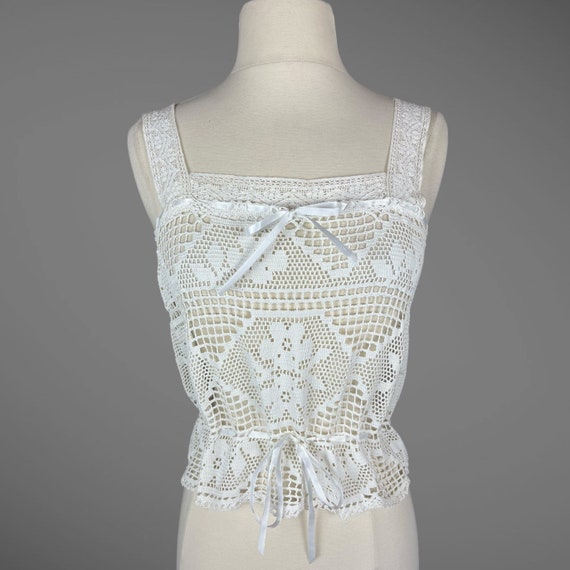 Vintage White Crochet Lace Camisole Top, Adjustable Ribbon Ties, Boho Summer Festival Top, Small