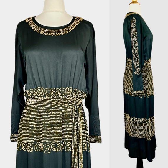 Vintage 1920s Gold Beaded Black Silk Dress & Belt, Art Deco 20s Dress, S/M - M