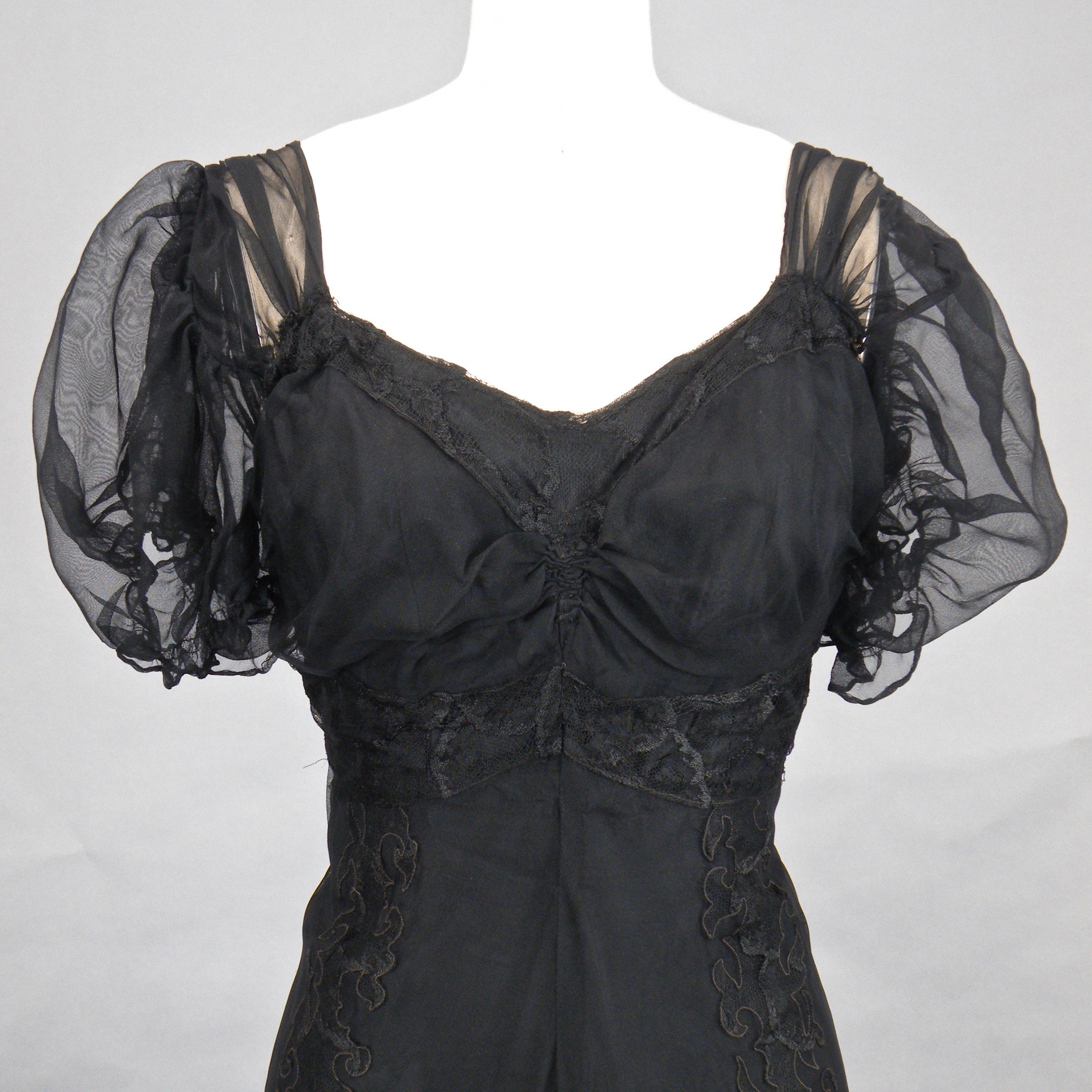 Vintage 1930s 40s Black Net and Lace Evening Dress, Old Hollywood ...