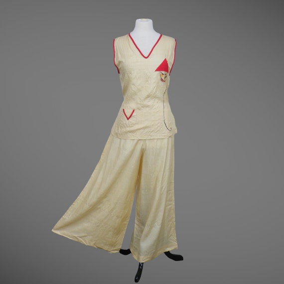 Vintage 1920's Pongee Silk Beach Pyjamas, 20s Wide Leg Pajama Pants & Top, Daintee Wear Pajama Set, Medium 28 Waist
