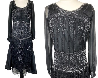 Vintage 1920s Dress, Art Deco Beaded 20s Dress, XS / Small