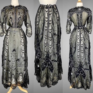 Early 1900s Victorian Edwardian Dress, Antique Sequined Silk Chantilly Lace Trained Skirt and Bodice, Re-Lined