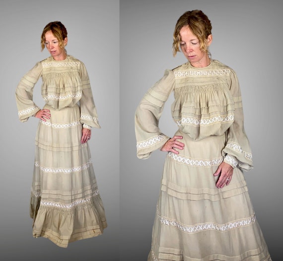Antique 1900s Gibson Girl Dress, Edwardian Beige … - image 2