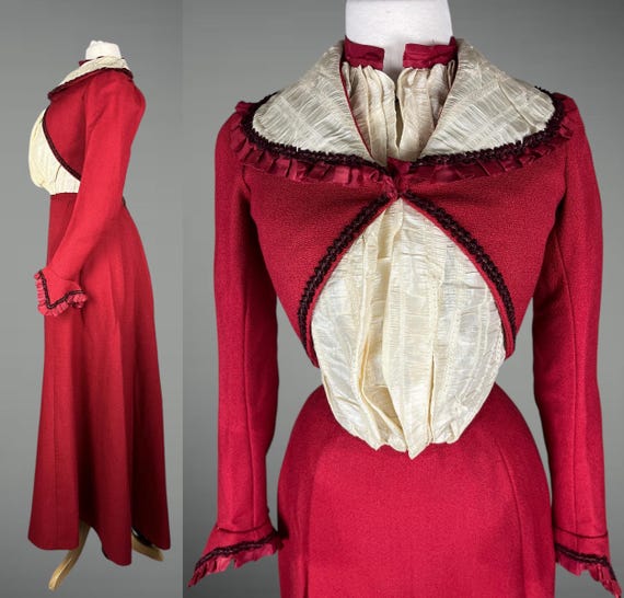 1900s Cranberry Red Edwardian Walking Suit Dress, Antique Wool & Silk Gibson Girl Dress, XS