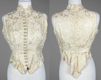 Victorian Cream Silk Damask Brocade V Point Bodice Vest Waistcoat, 1880s Bodice, Historical Costume, Medium 30 Waist