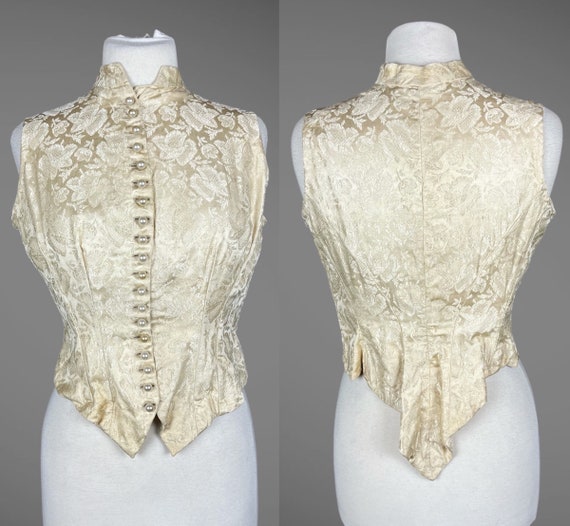 Victorian Cream Silk Damask Brocade V Point Bodice Vest Waistcoat, 1880s Bodice, Historical Costume, Medium 30 Waist