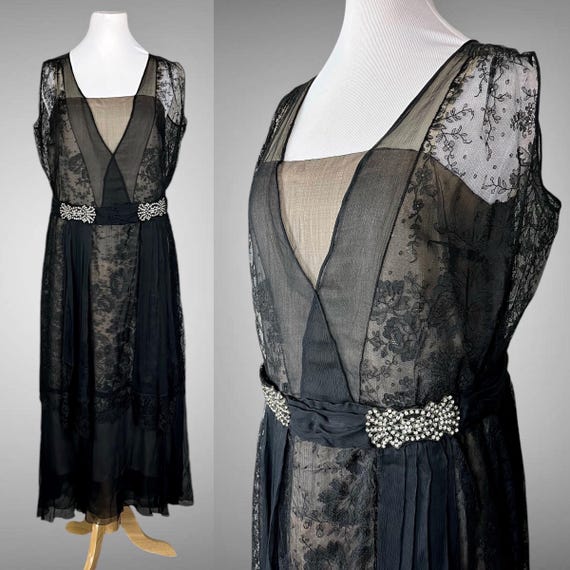 Vintage 1930s Evening Dress, Black Silk Chiffon Chantilly Lace Art Deco 30s Gown, Large