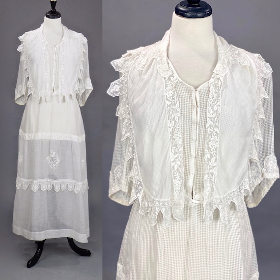 Edwardian Embroidered Dress, Antique 1910s Sheer White Cotton Lingerie Dress, Medium 28" Waist