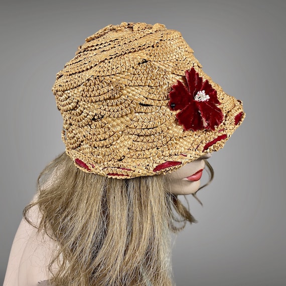 Vintage 1930s Straw Cloche Bucket Hat with Red Velvet Trim, 30s Hat