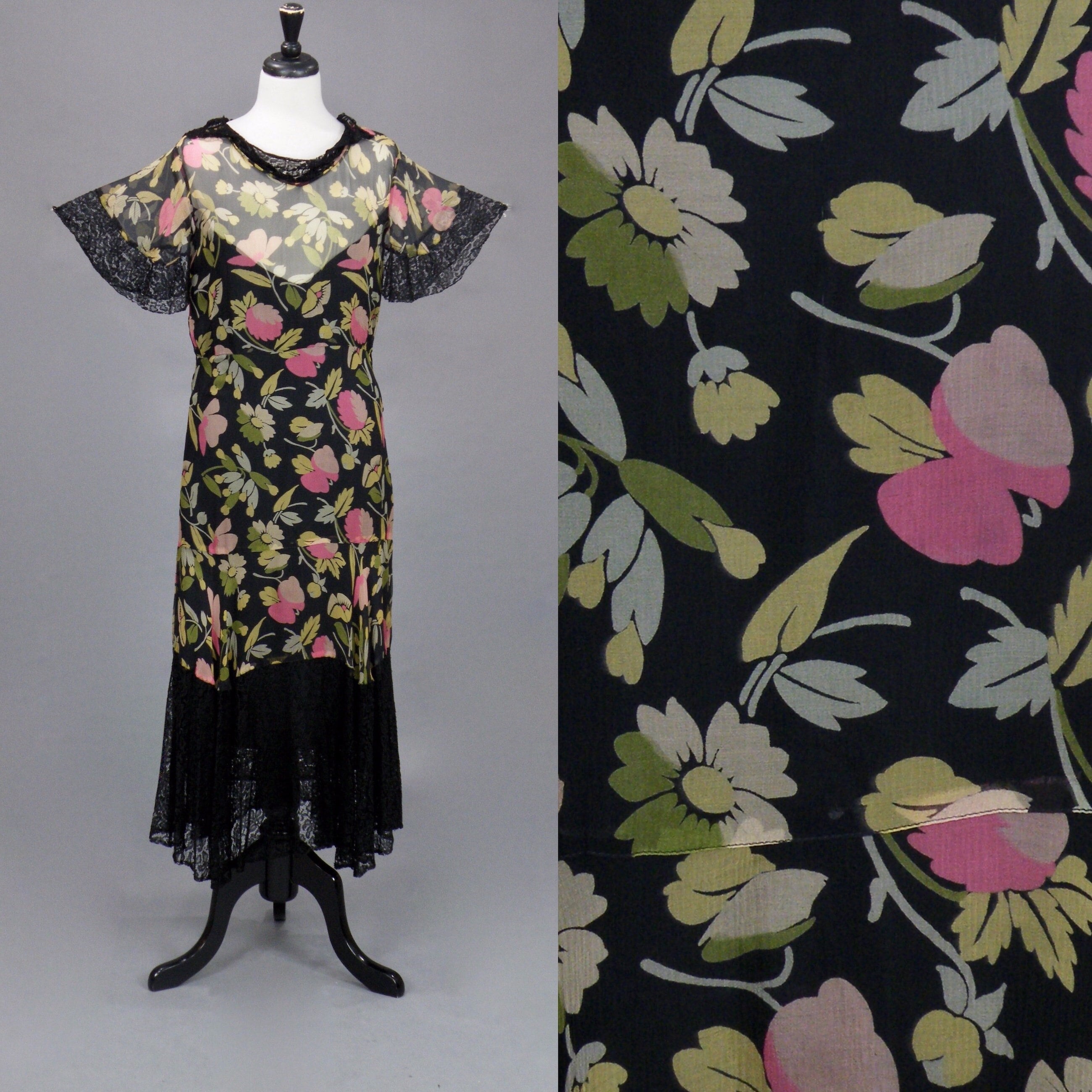 1930s Black Dress with Sheer Trim and Belt