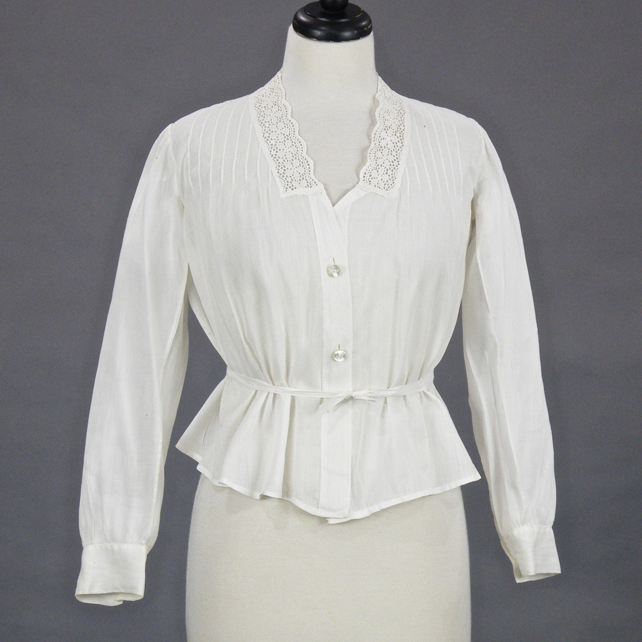 Late 1910s Antique White Cotton Lace Blouse, 1919 Blouse, Medium