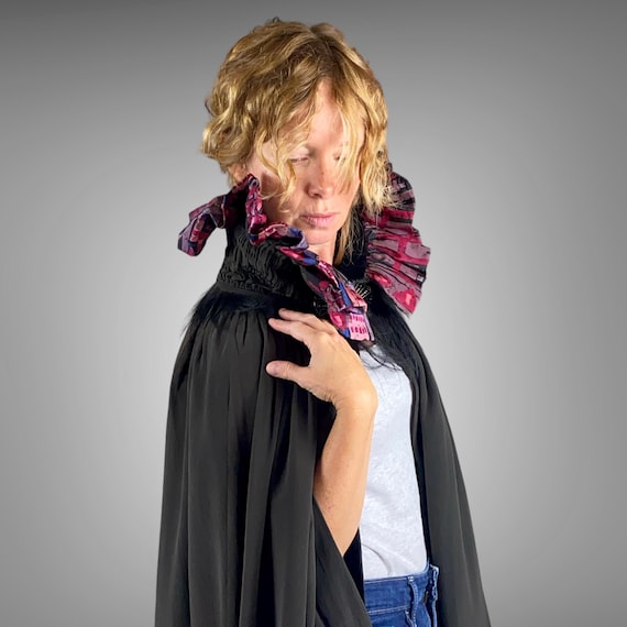 Vintage 1920s Silk Opera Cape, 20s Flapper Coat, Geometric Batik Print Cloak with Rhinestone Deco Clasp and Ruching