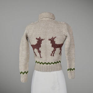 Vintage 1950s Cowichan Hand Knit Wool Sweater with Baby Deer / Fawns, Kids Juniors 50s Sweater image 1